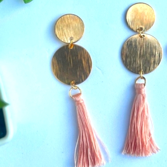 Golden Disks &  Pink Fringe Earrings - Picture 1 of 6